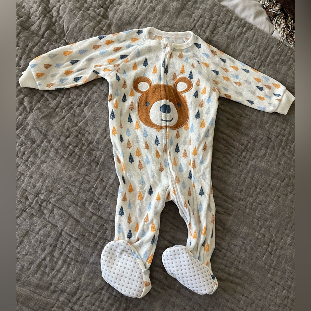 PJ Place fleece footie pajamas zippered bear trees winter cozy 6-9 months blue